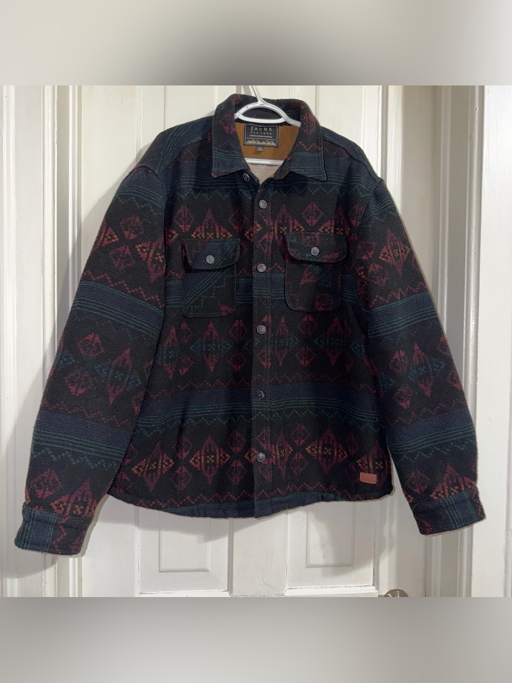 Men's Jachs NY 2X Black & Burgundy Aztec Button Jacket Sherpa lined wool blend